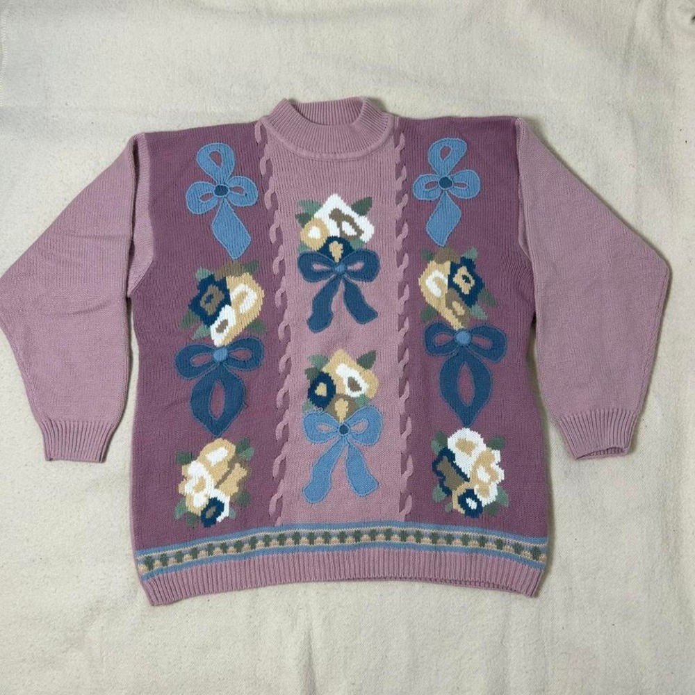 Alfred Dunner Pink Oversized‎ Floral Bouquet Turtleneck Sweater Size XL